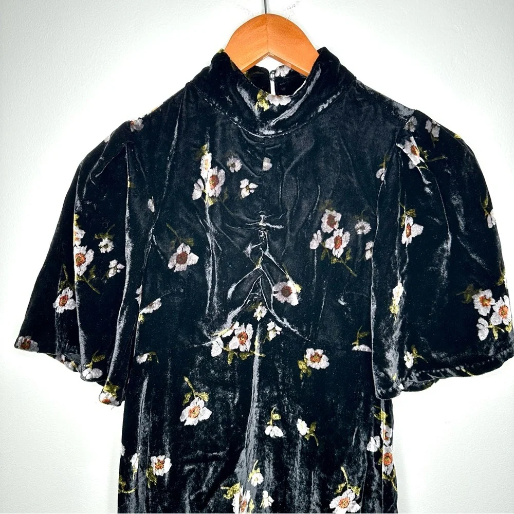 Free People Black Velvet Floral Mini Dress Size 0 - Picture 6 of 14